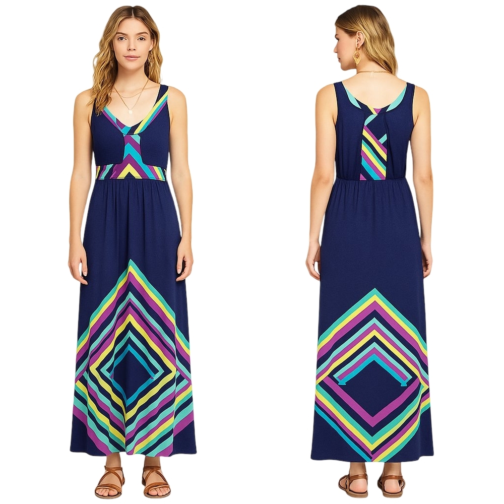 Navy Geometric Stripe Maxi Dress - Brand: